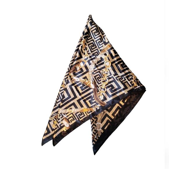 Scarf Silk Black and Gold Satin Print 35 x 35 inches - Picture 5 of 13